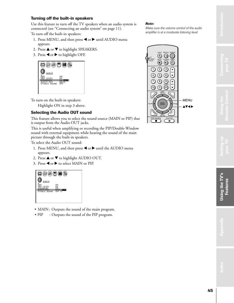 Turning off the built-in speakers, Selecting the audio out sound | Toshiba TheaterView 43H71 User Manual | Page 45 / 52