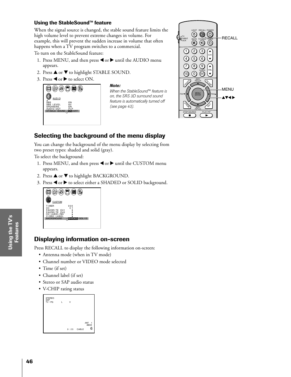 Displaying information on-screen, Selecting the background of the menu display, Using the stablesound™ feature | Toshiba TheaterView 43H71 User Manual | Page 46 / 52