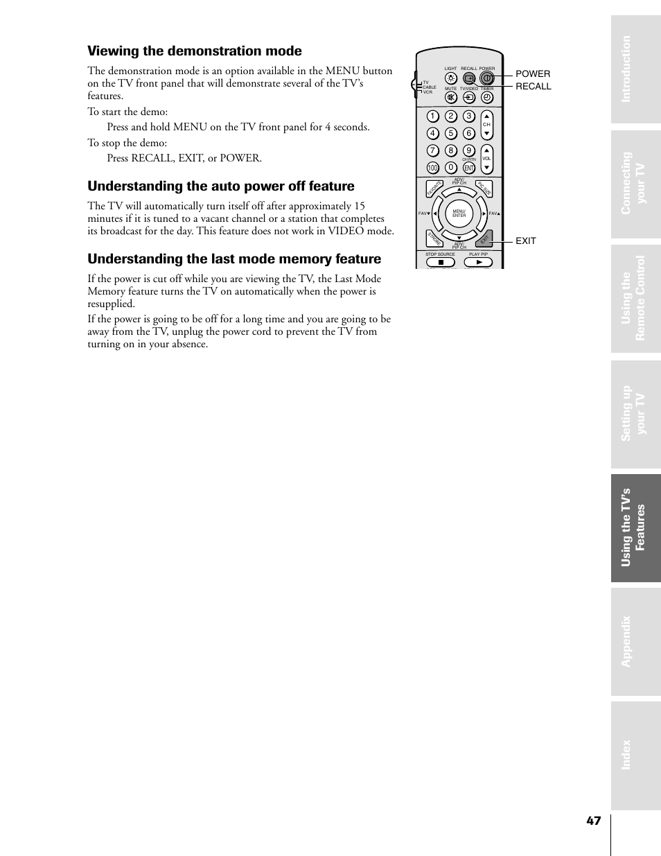 Viewing the demonstration mode, Understanding the auto power off feature | Toshiba TheaterView 43H71 User Manual | Page 47 / 52