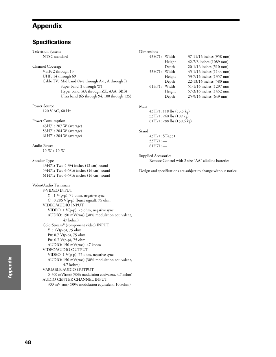 Appendix, Specifications | Toshiba TheaterView 43H71 User Manual | Page 48 / 52