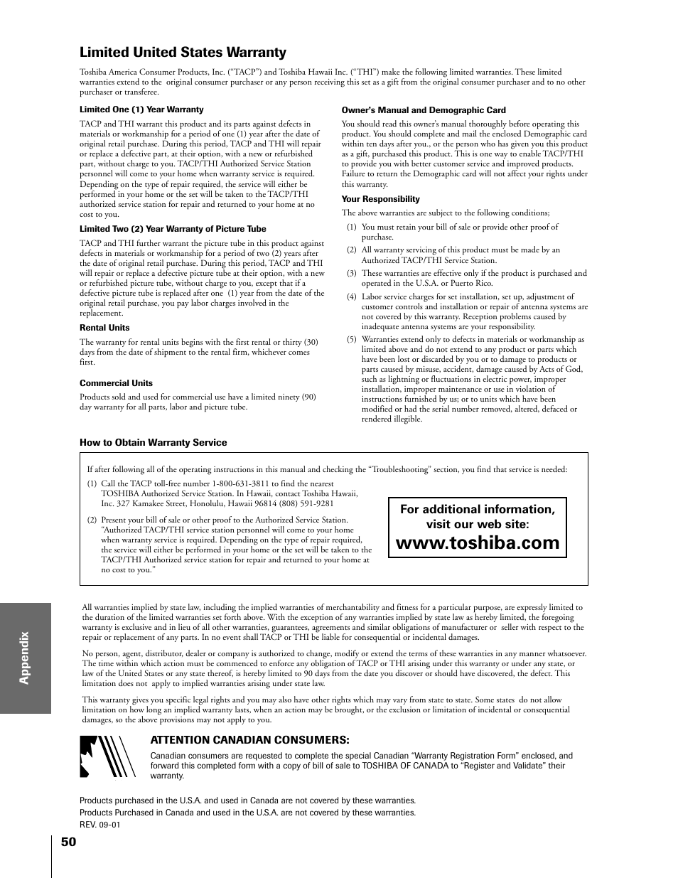 Limited warranty, Limited united states warranty | Toshiba TheaterView 43H71 User Manual | Page 50 / 52