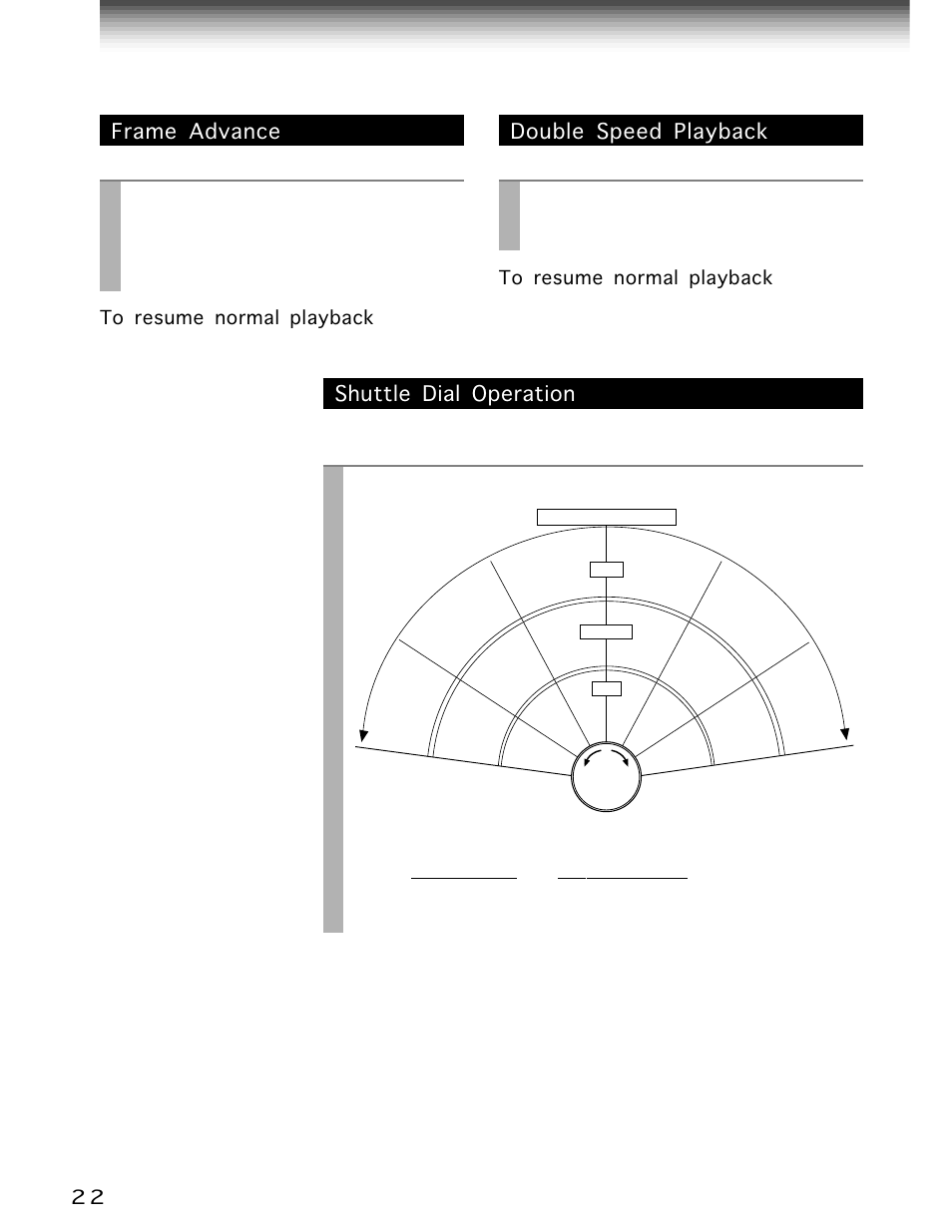 Variable speed playback (continued), Frame advance, Double speed playback | Shuttle dial operation, Play/x2, Pause/still, Shuttle dial, A picture advances frame by frame, Press, During still playback | Toshiba W-706 User Manual | Page 22 / 49