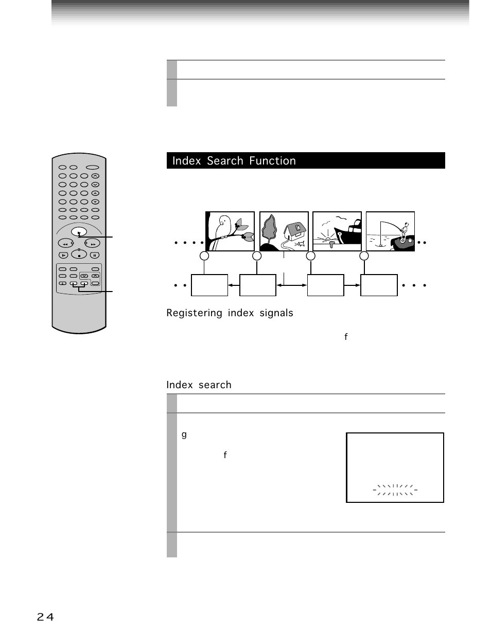 Useful functions in tape operation (continued), Index search function, Index | Play/x2, Prog, Remain/counter | Toshiba W-706 User Manual | Page 24 / 49