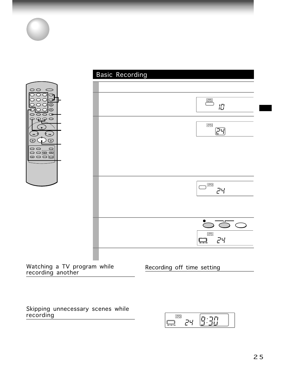 Recording, Recording a tv program, Basic recording | Tv/vcr, Channel, Ch/trk, Number buttons, Sp/slp, Stop | Toshiba W-706 User Manual | Page 25 / 49