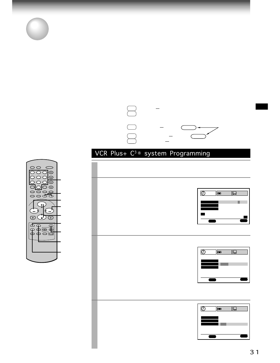 Vcr plus+ c3 system recording, System recording, Vcr plus+ c | System programming, Vcr plus, Play/x2, Stop, Press, Enter a pluscode, Programming number | Toshiba W-706 User Manual | Page 31 / 49