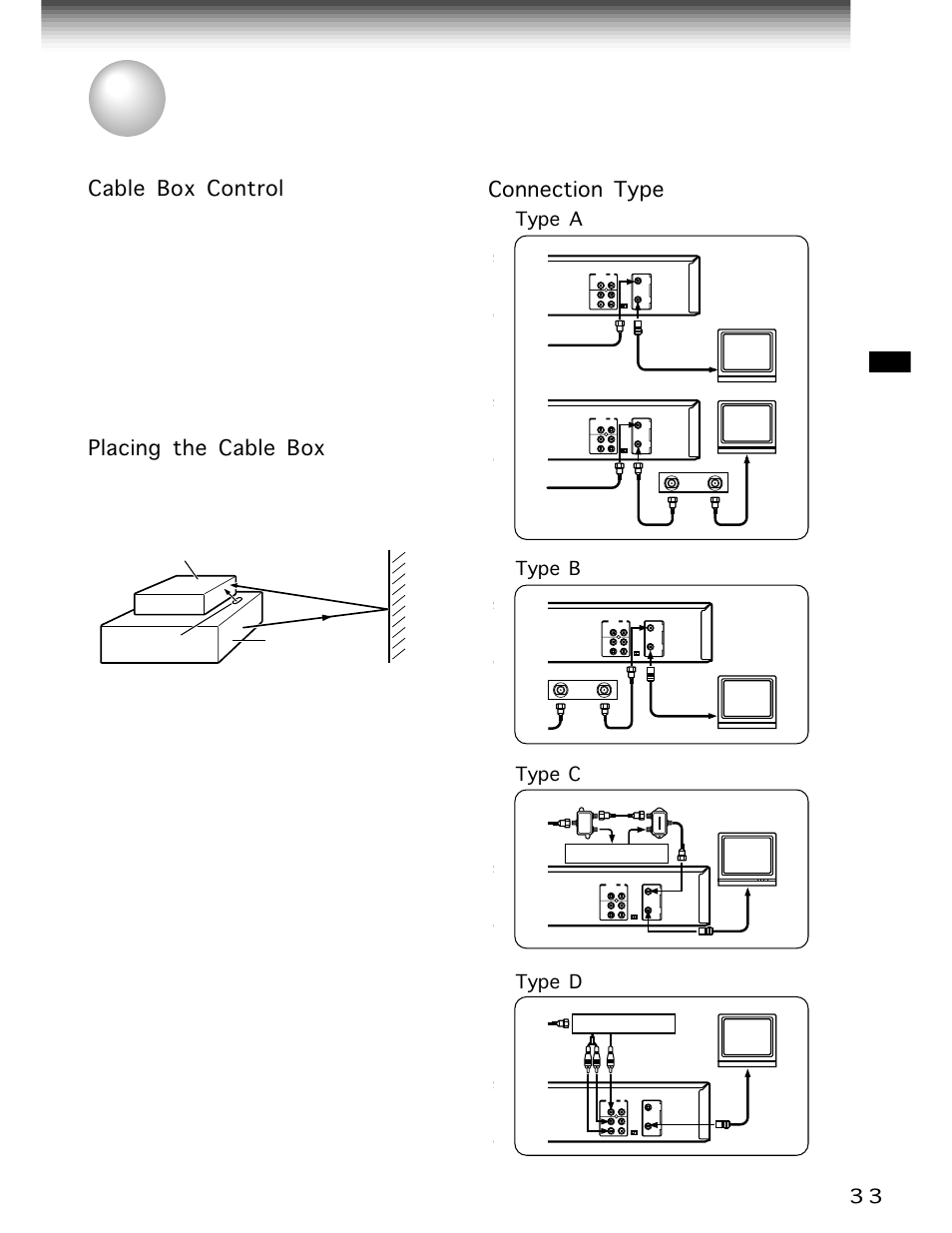 Cable box set up, Cable box set-up, Cable box control | Placing the cable box, Connection type | Toshiba W-706 User Manual | Page 33 / 49