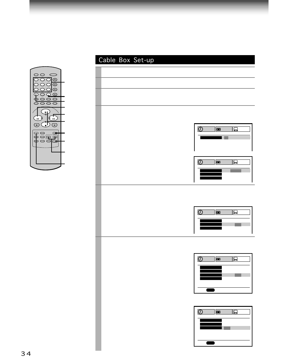 Cable box set-up (continued), Cable box set-up, Prog | Enter, Play/x2, Stop, Press, Select “preset” using, And press, Select “cable box/dss” using | Toshiba W-706 User Manual | Page 34 / 49