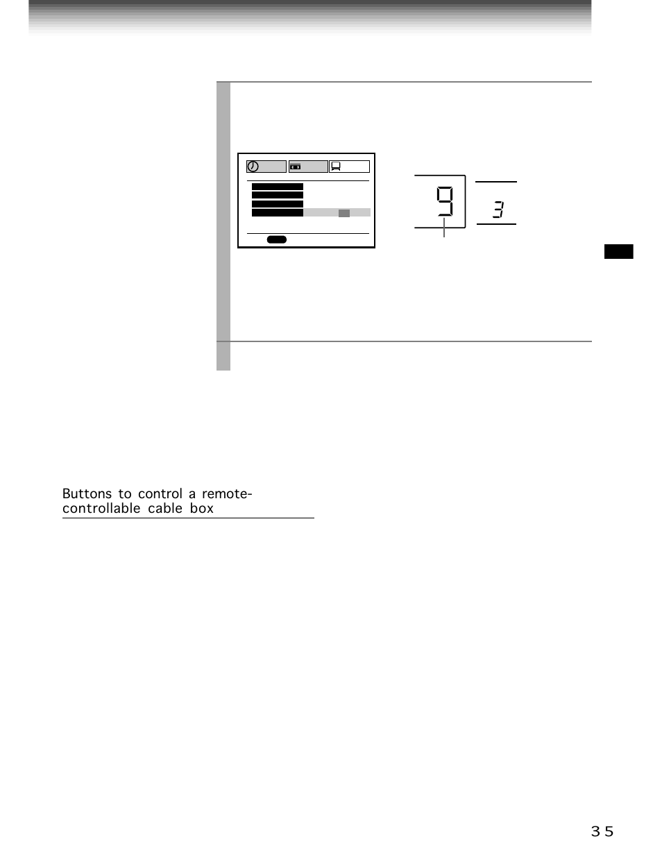 Stop, Number buttons, Prog | Select “brand type” using, And enter a brand code of your cable box using, Refer to the table on the next page, Press | Toshiba W-706 User Manual | Page 35 / 49