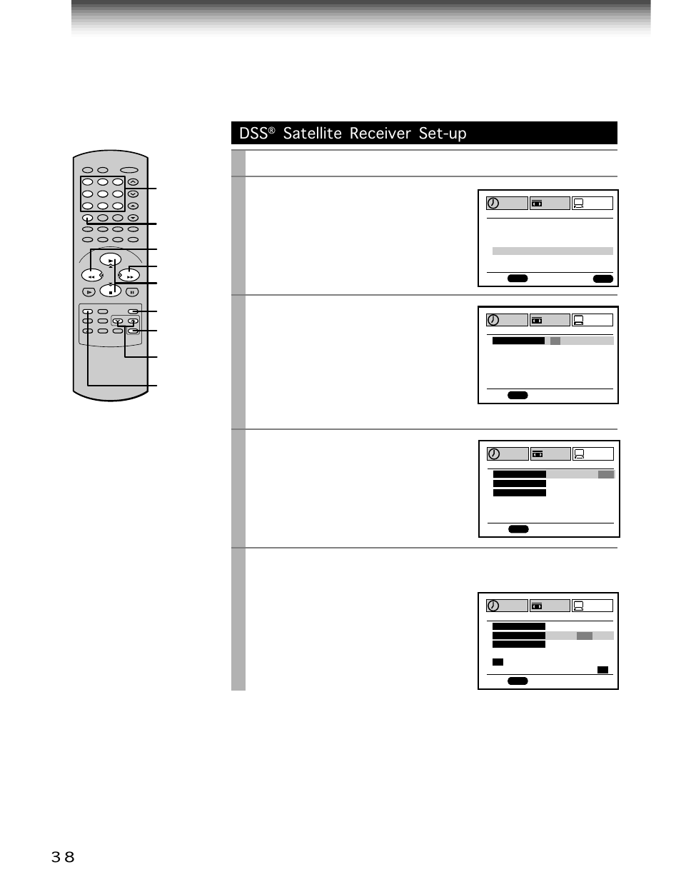 Satellite receiver set-up (continued), Satellite receiver set-up, Prog | Enter, Play/x2, Stop, Press, Select “preset” using, And press, Select “cable box/dss” using | Toshiba W-706 User Manual | Page 38 / 49
