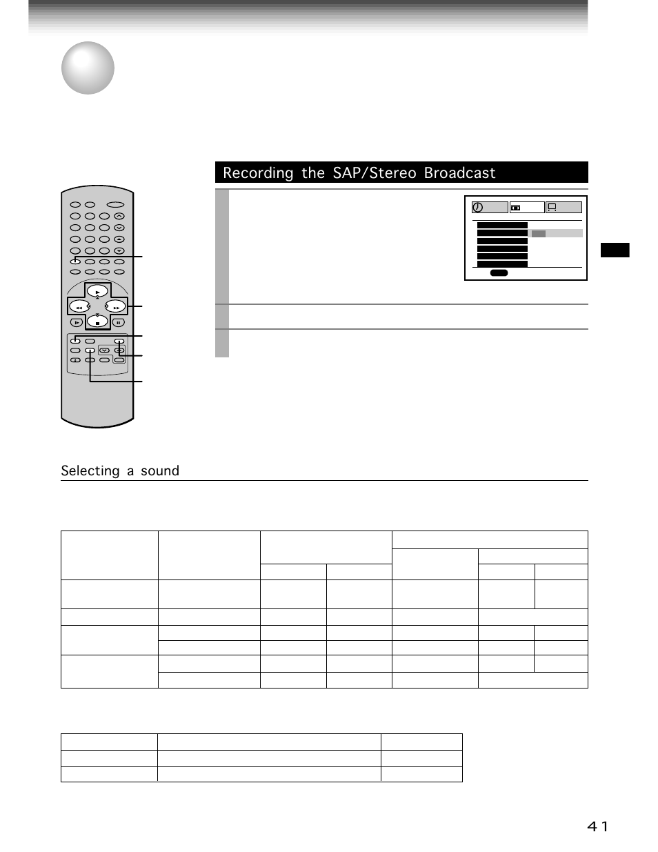 Mts broadcast compatibility, Recording the sap/stereo broadcast, Play/x2 | Stop, Prog, And set to “on” using, Press, Perform a recording, Selecting a sound | Toshiba W-706 User Manual | Page 41 / 49