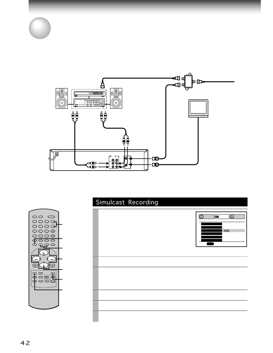 Simulcast recording, Play/x2, Stop | Prog, Channel, Ch/trk, Sp/slp, And set to “on” using, Press, Select the desired channel using | Toshiba W-706 User Manual | Page 42 / 49