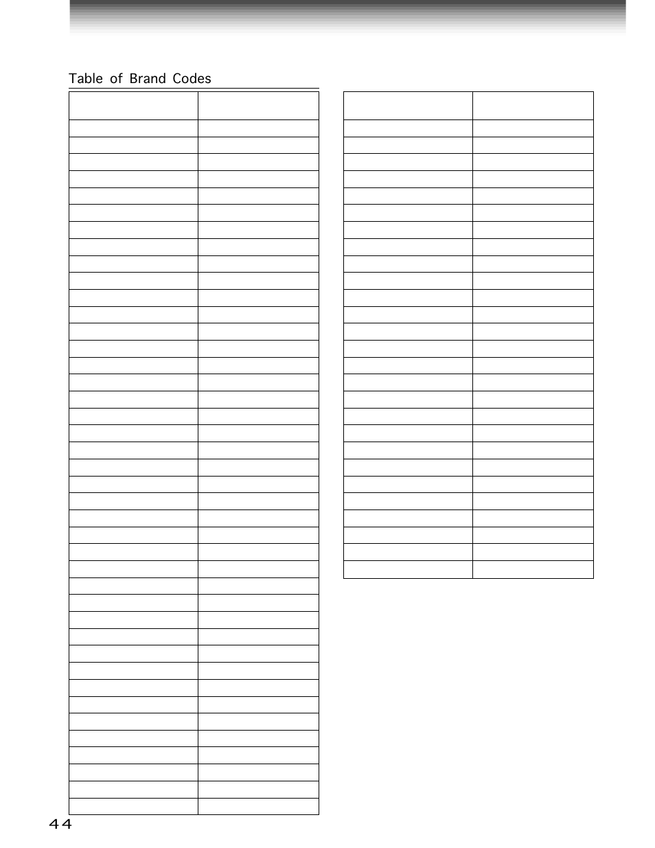 Multi brand remote control (continued) | Toshiba W-706 User Manual | Page 44 / 49