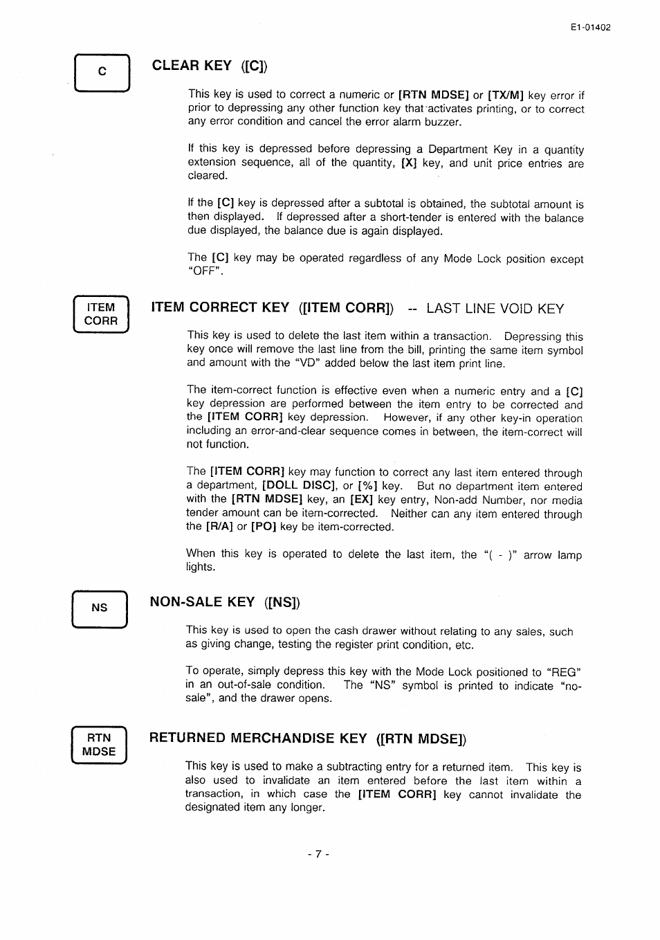Clear key ([c]), Non-sale key ([ns]), Returned merchandise key ([rtn mdse]) | Toshiba TEC MA-71 User Manual | Page 10 / 55