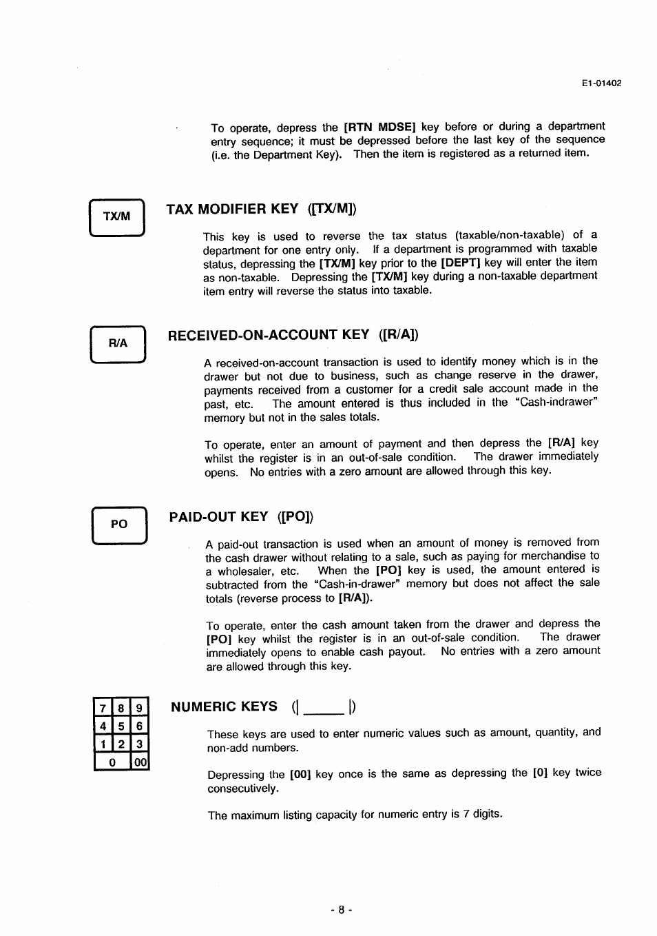 Tax modifier key ([tx/m]), Received-on-account key ([r/a]), Paid-out key ([po]) | Numeric keys | Toshiba TEC MA-71 User Manual | Page 11 / 55