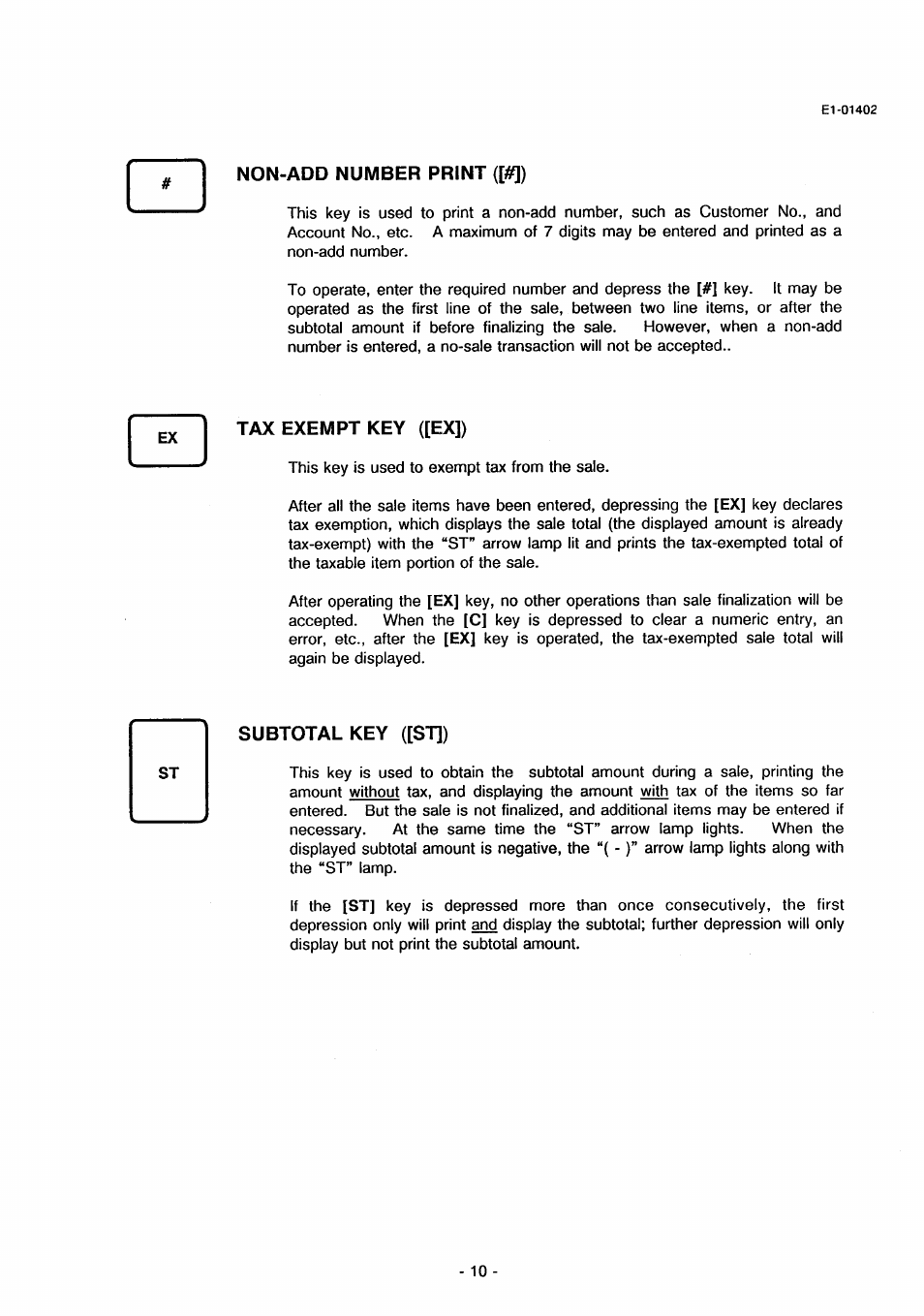 Non-add number print ([#]), Tax exempt key ([ex]), Subtotal key ([st]) | Toshiba TEC MA-71 User Manual | Page 13 / 55