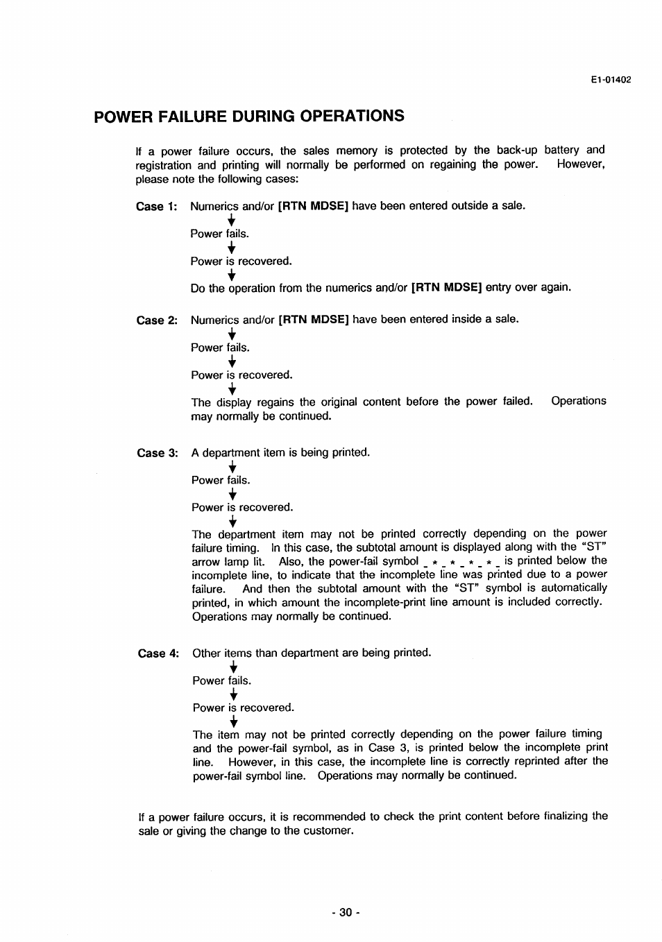 Power failure during operations | Toshiba TEC MA-71 User Manual | Page 33 / 55