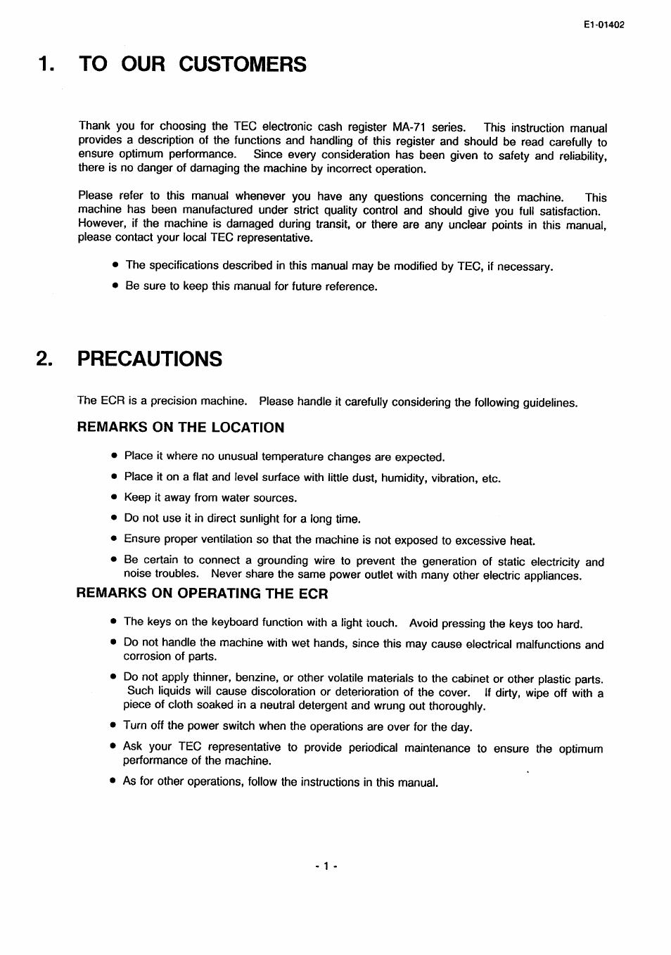 Remarks on the location, Remarks on operating the ecr, Precautions | Toshiba TEC MA-71 User Manual | Page 4 / 55