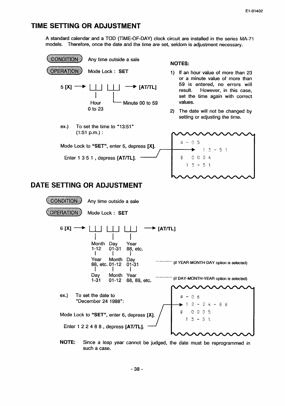 Time setting or adjustment, Date setting or adjustment, 6[x]—► m lu lu | Cqnprtlon | Toshiba TEC MA-71 User Manual | Page 41 / 55