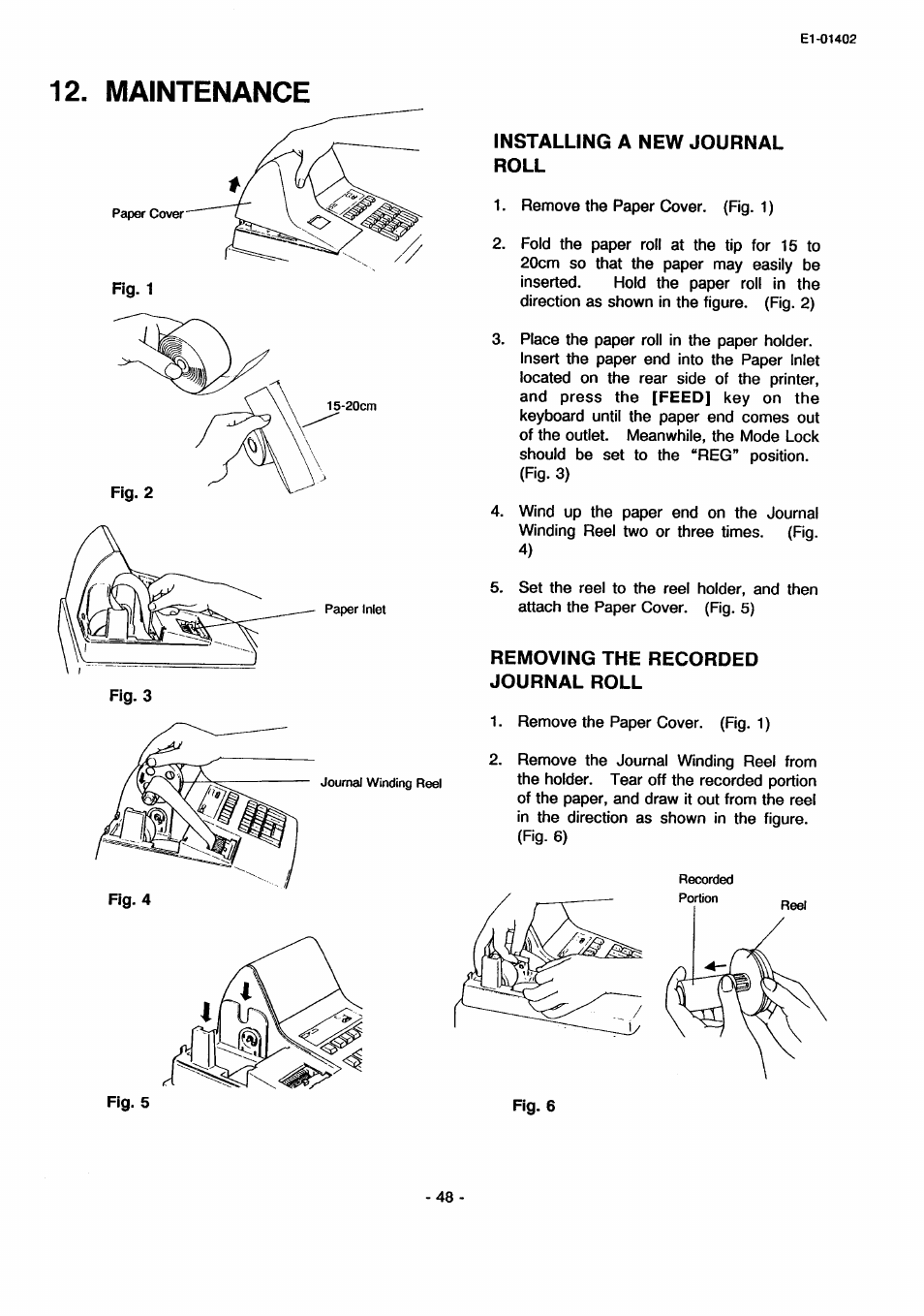 Maintenance, Installing a new journal roll, Removing the recorded journal roll | Toshiba TEC MA-71 User Manual | Page 51 / 55