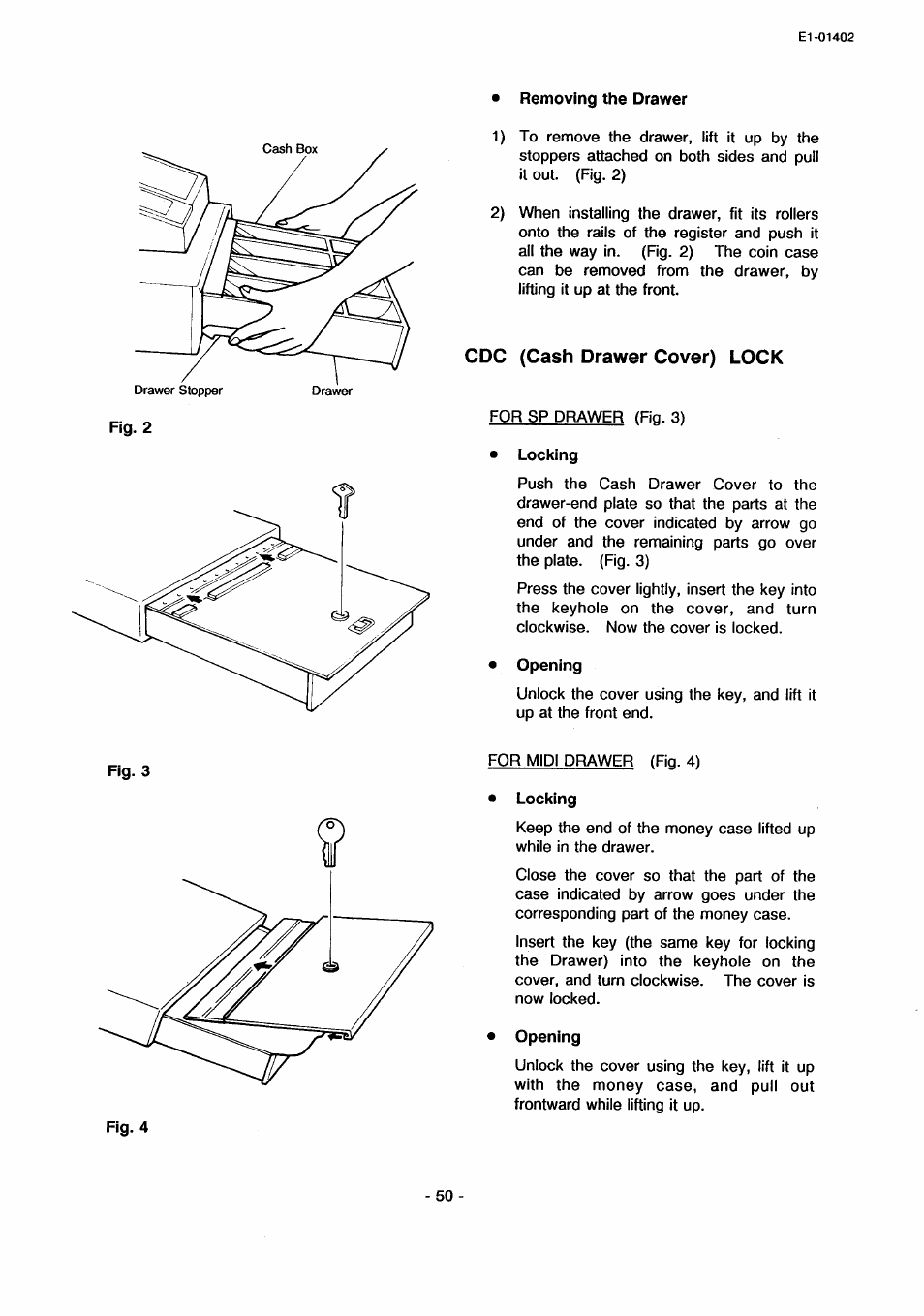 Removing the drawer, Locking, Opening | Cdc (cash drawer cover) lock | Toshiba TEC MA-71 User Manual | Page 53 / 55