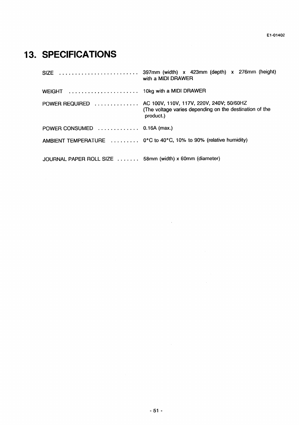 Specifications | Toshiba TEC MA-71 User Manual | Page 54 / 55