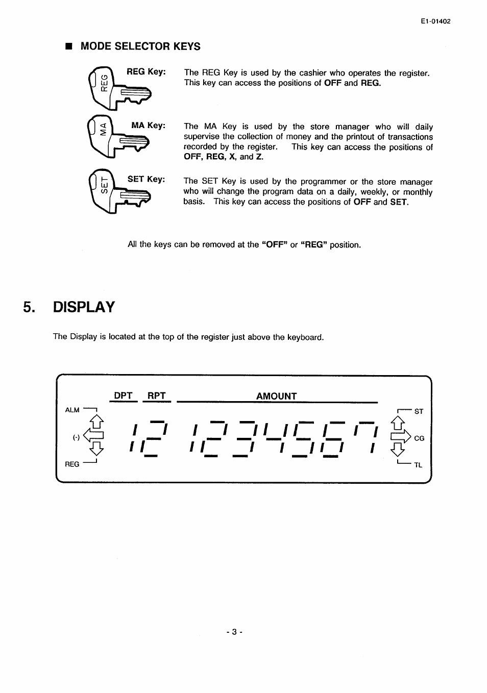 Mode selector keys, Display | Toshiba TEC MA-71 User Manual | Page 6 / 55