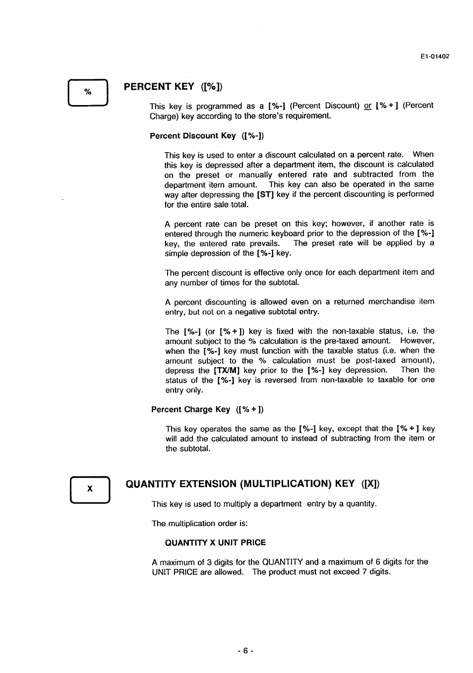 Percent key ([%]), Quantity extension (multiplication) key ([x]) | Toshiba TEC MA-71 User Manual | Page 9 / 55
