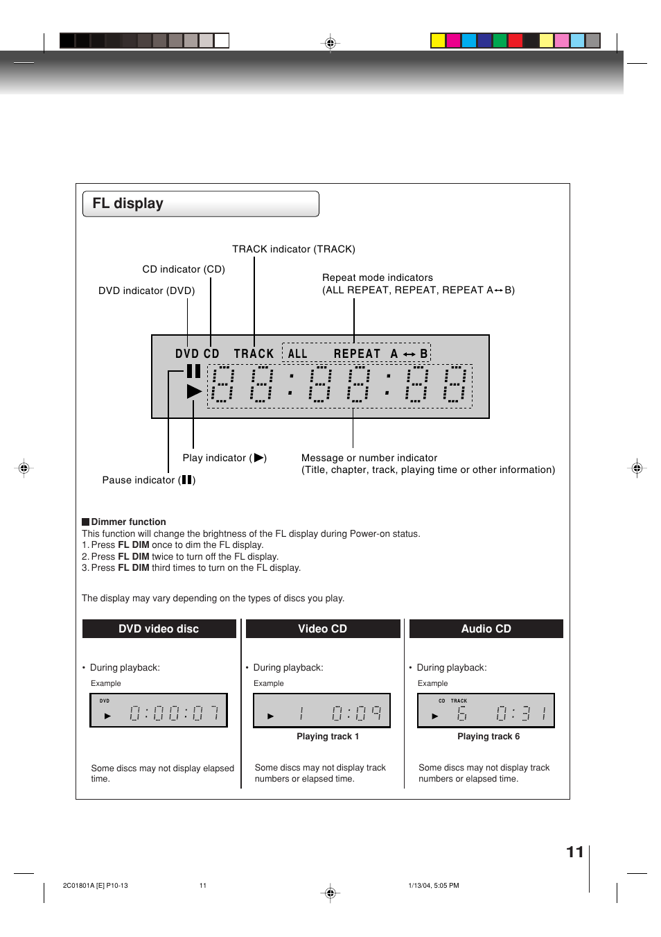 Fl display | Toshiba SD-3860SC User Manual | Page 11 / 44