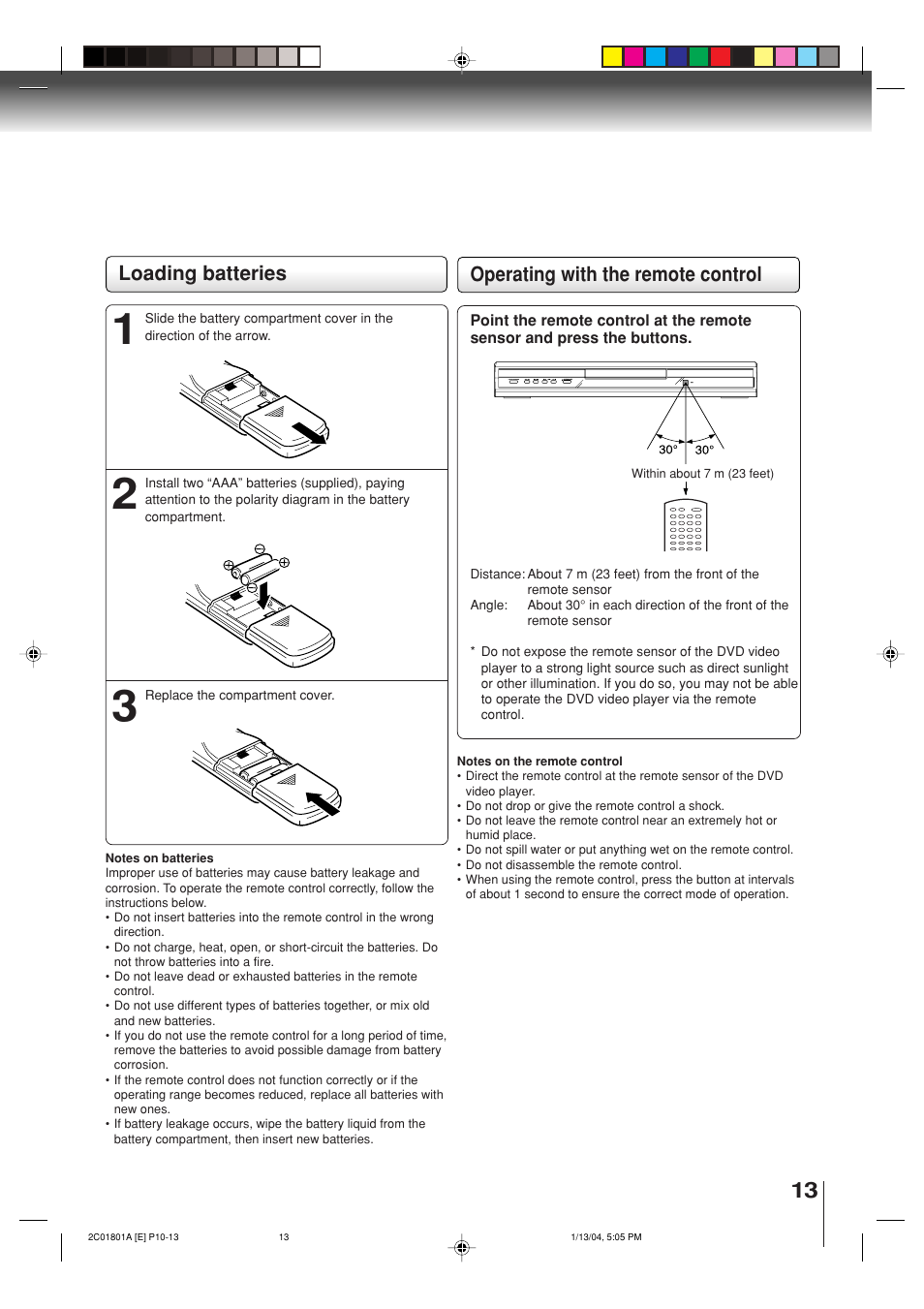 Operating with the remote control, Loading batteries | Toshiba SD-3860SC User Manual | Page 13 / 44