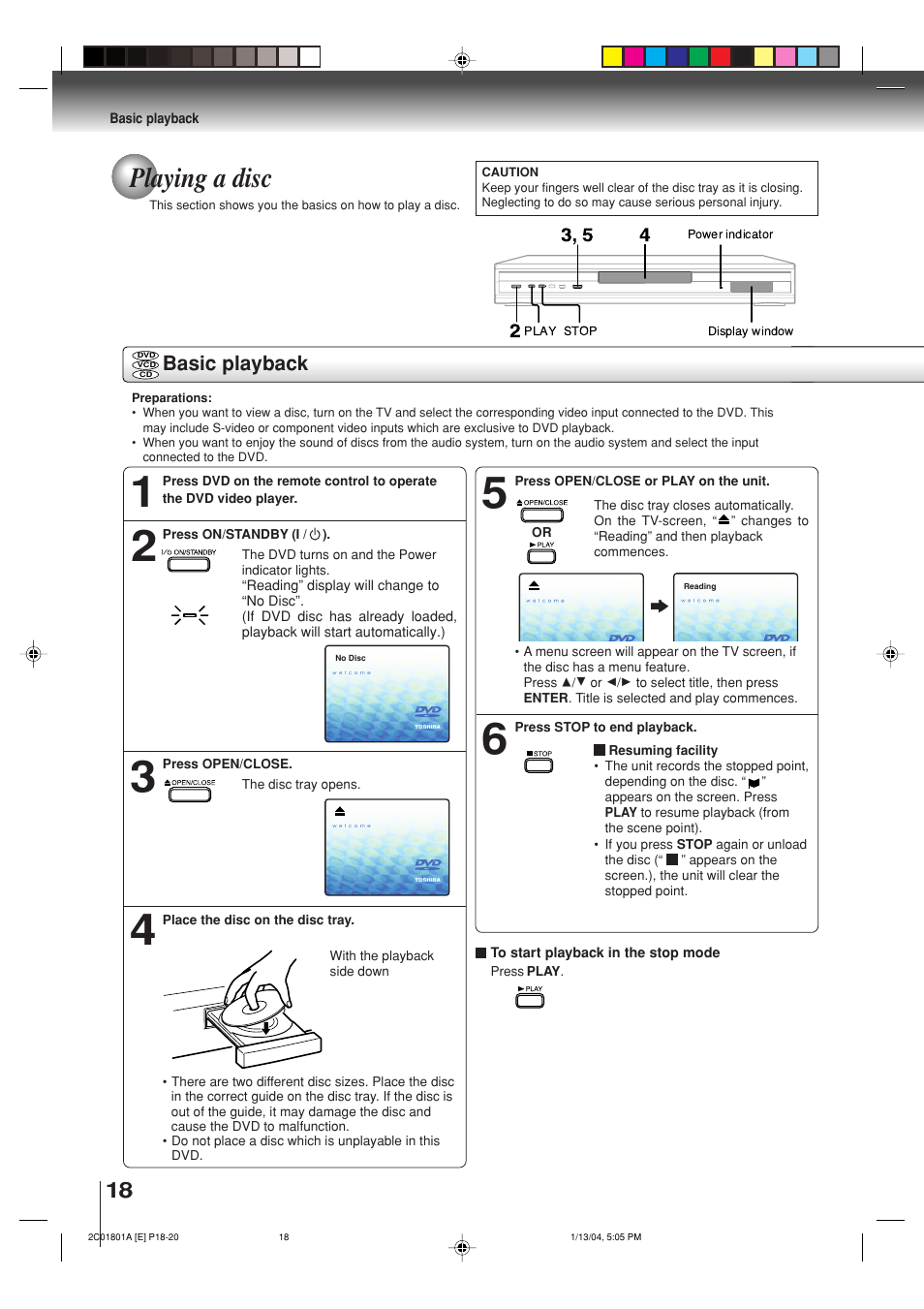 Playing a disc, Basic playback | Toshiba SD-3860SC User Manual | Page 18 / 44