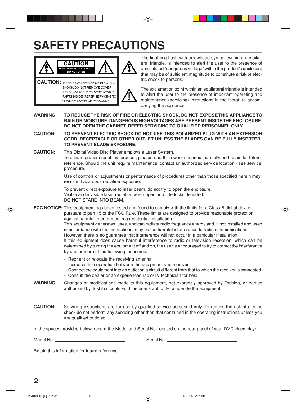 Safety precautions | Toshiba SD-3860SC User Manual | Page 2 / 44