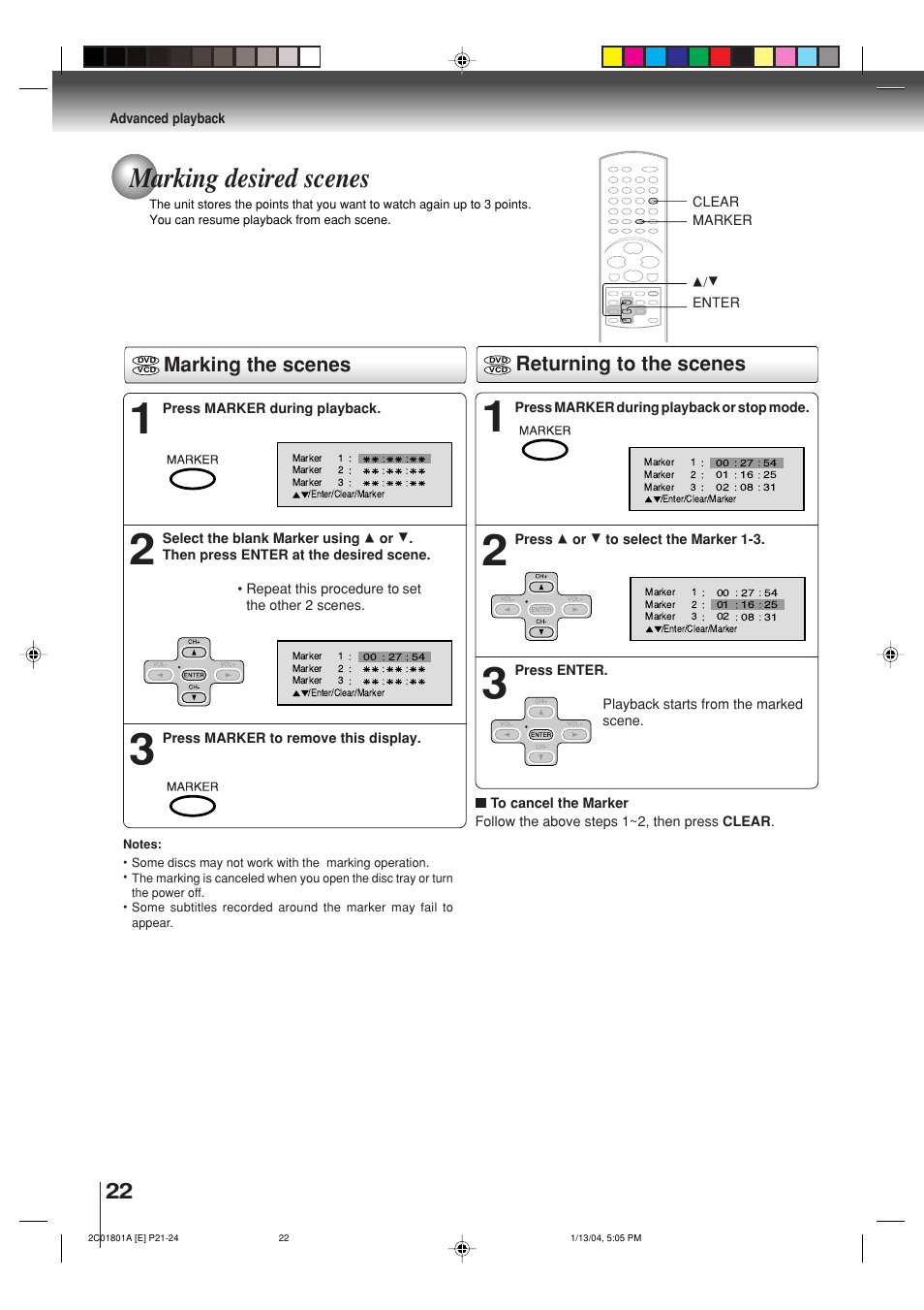 Marking desired scenes, Marking the scenes returning to the scenes | Toshiba SD-3860SC User Manual | Page 22 / 44