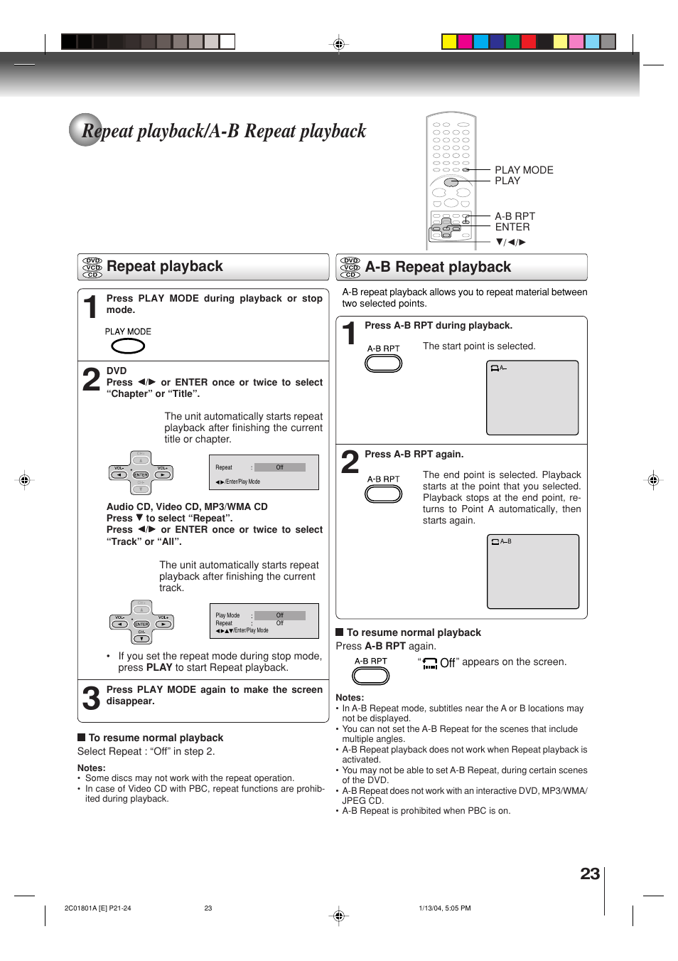 Repeat playback/a-b repeat playback, Repeat playback, A-b repeat playback | Toshiba SD-3860SC User Manual | Page 23 / 44