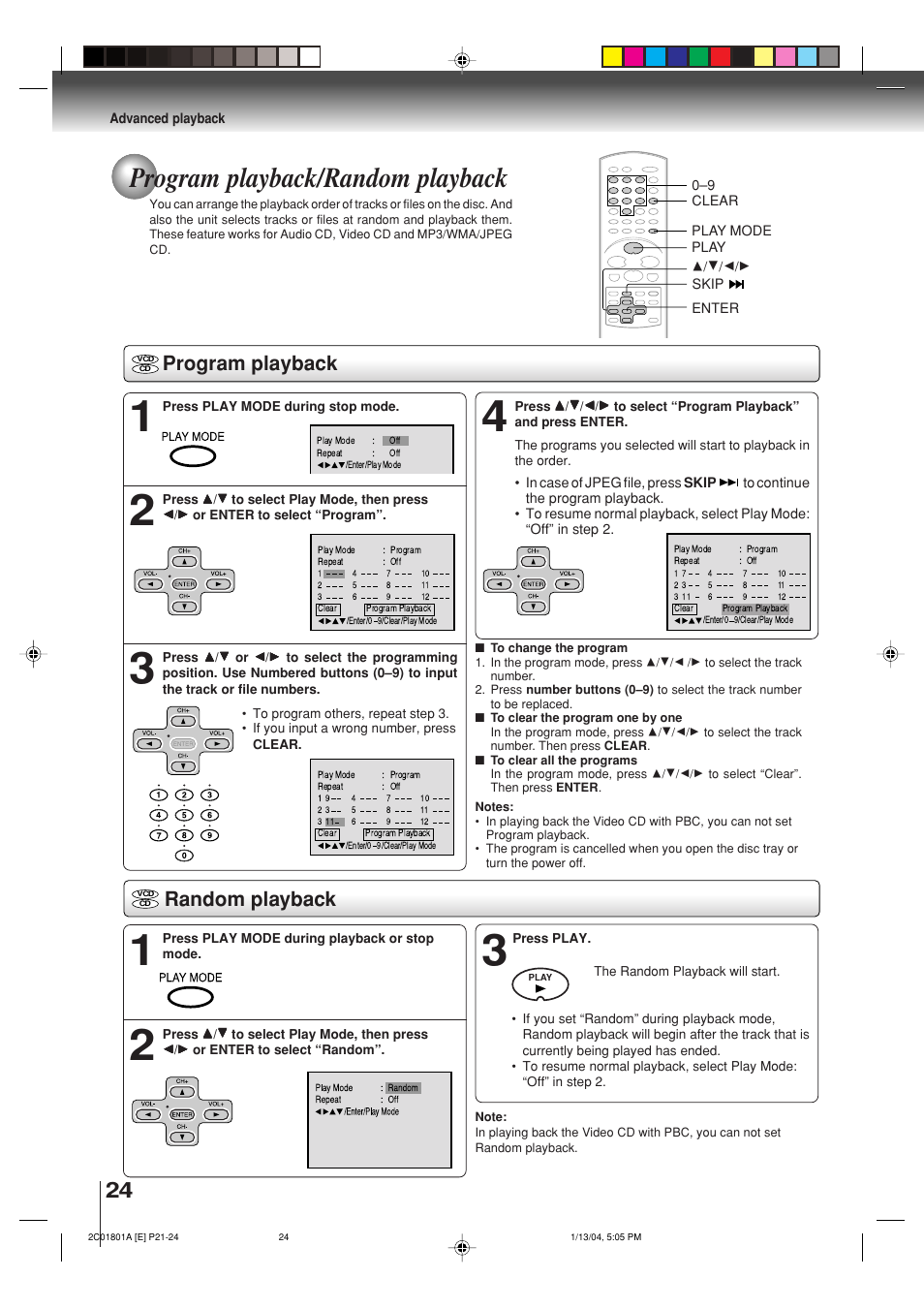 Program playback/random playback, Program playback, Random playback | Toshiba SD-3860SC User Manual | Page 24 / 44