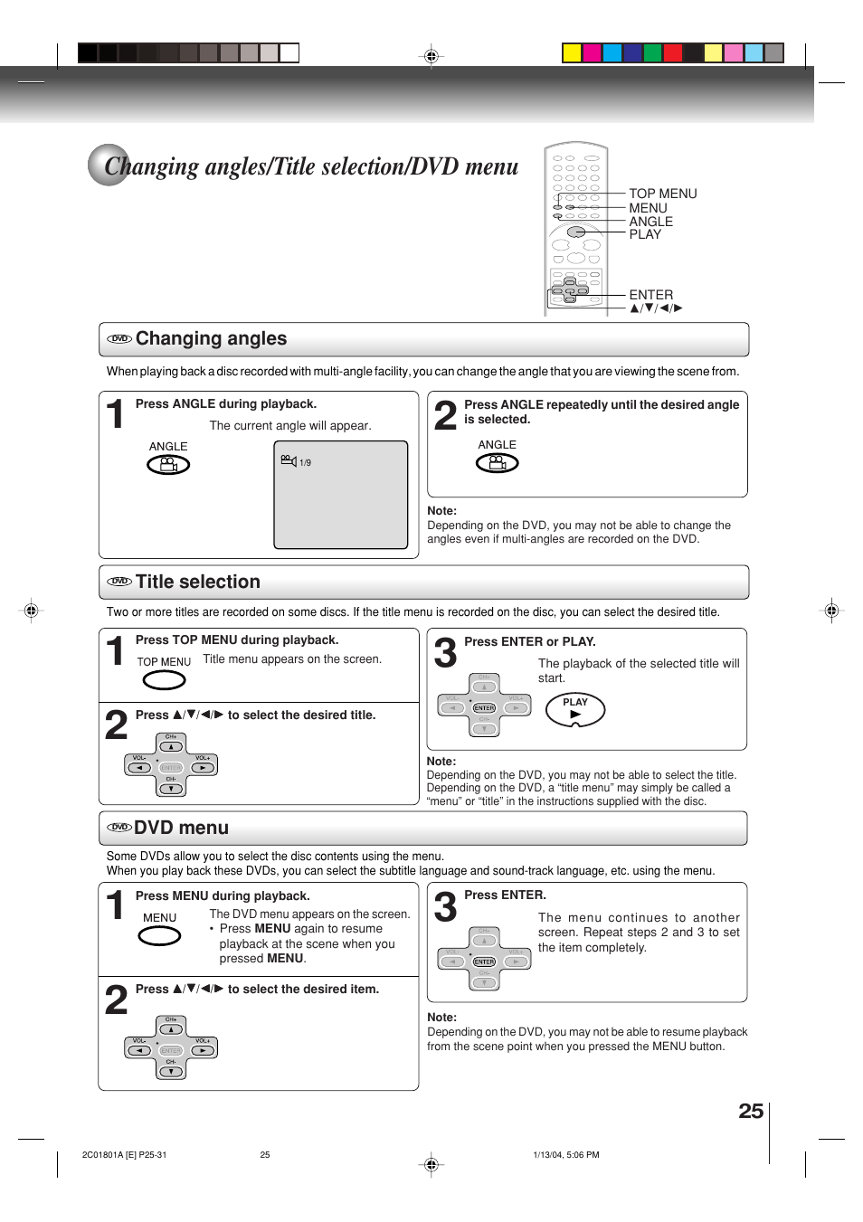 Changing angles/title selection/dvd menu, Changing angles, Title selection | Dvd menu | Toshiba SD-3860SC User Manual | Page 25 / 44