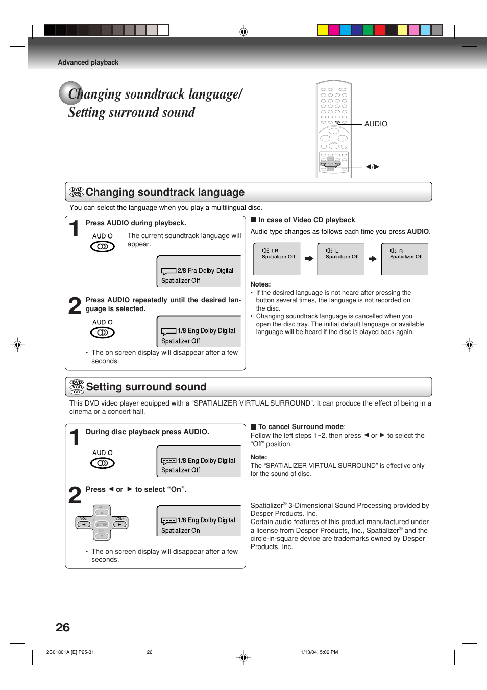 Changing soundtrack language, Setting surround sound | Toshiba SD-3860SC User Manual | Page 26 / 44