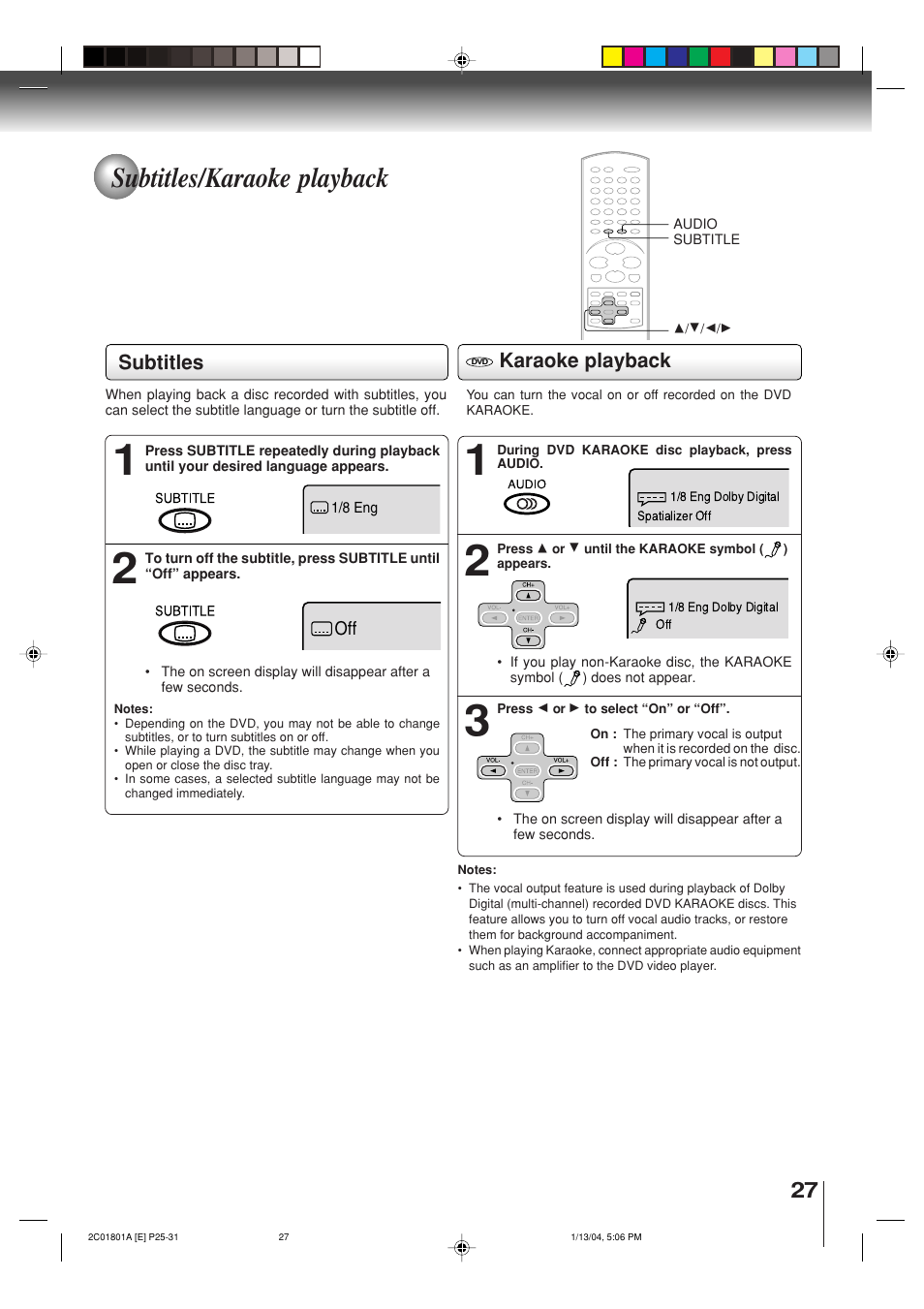 Subtitles/karaoke playback, Subtitles karaoke playback | Toshiba SD-3860SC User Manual | Page 27 / 44