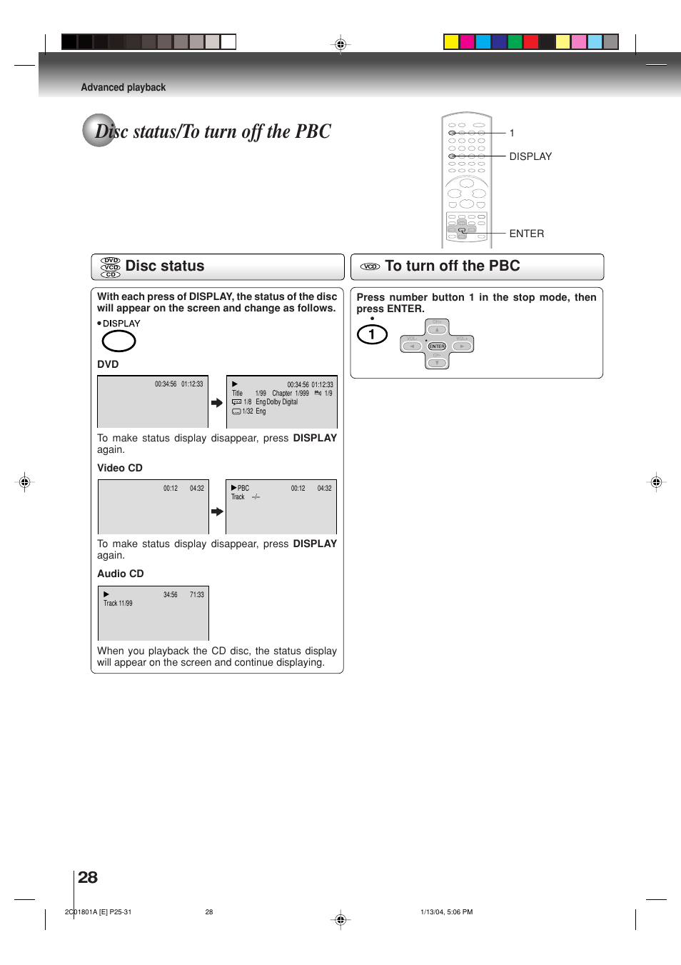 Disc status/to turn off the pbc, Disc status | Toshiba SD-3860SC User Manual | Page 28 / 44