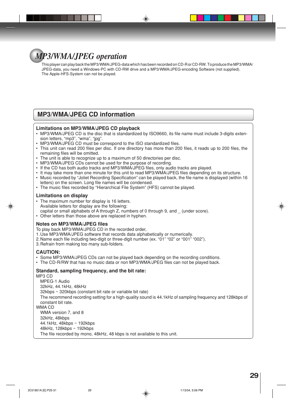 Mp3/wma/jpeg operation, Mp3/wma/jpeg cd information | Toshiba SD-3860SC User Manual | Page 29 / 44