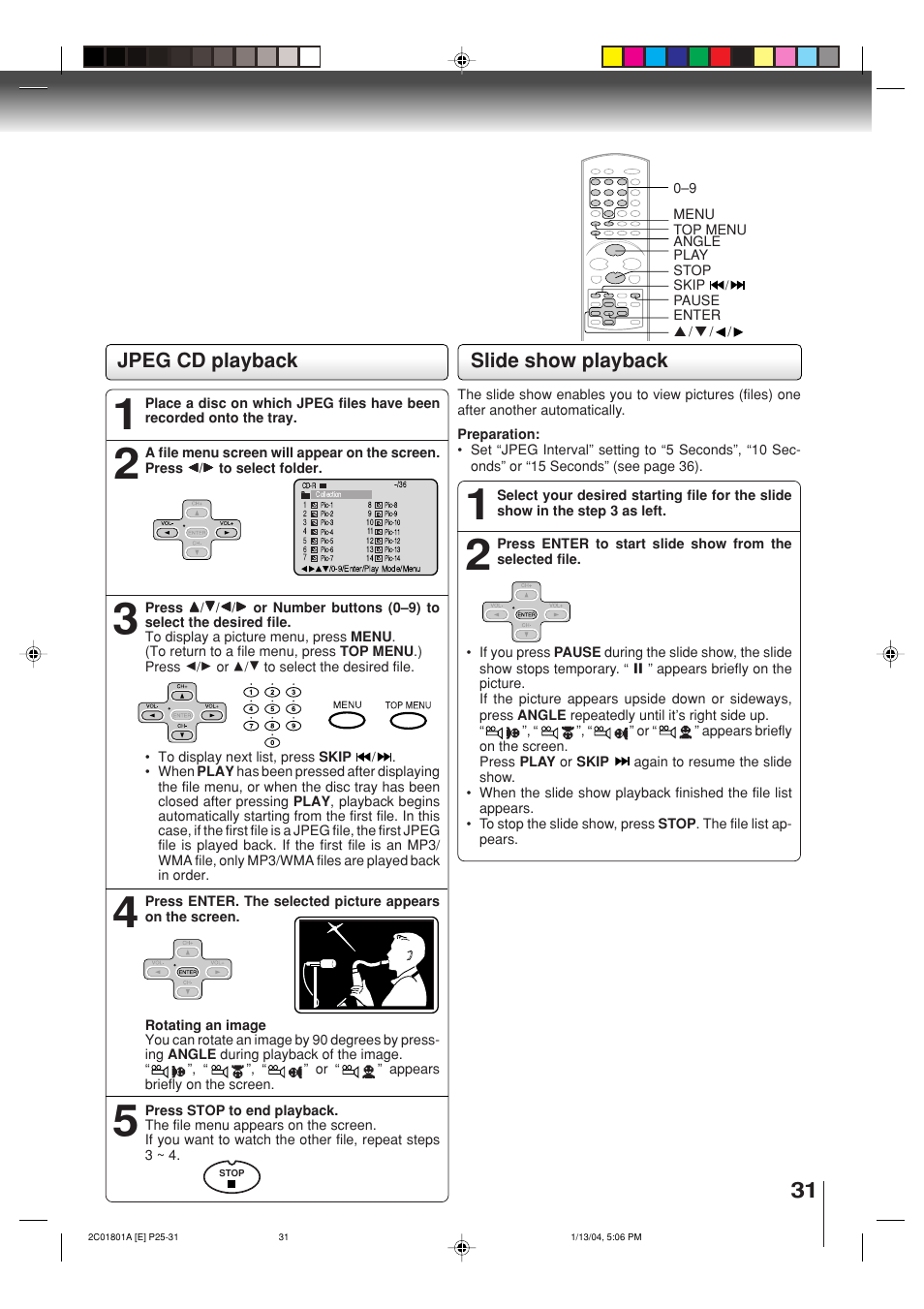 Jpeg cd playback, Slide show playback | Toshiba SD-3860SC User Manual | Page 31 / 44