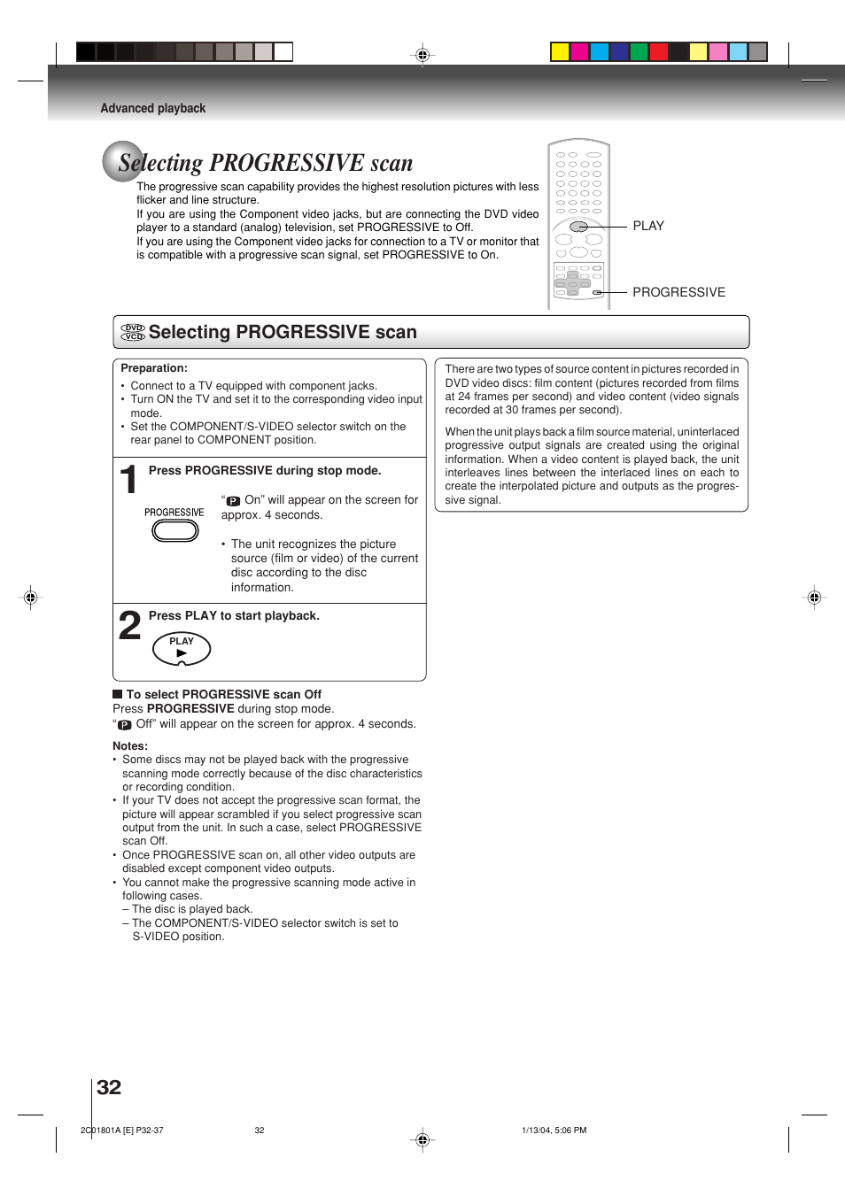 Selecting progressive scan | Toshiba SD-3860SC User Manual | Page 32 / 44