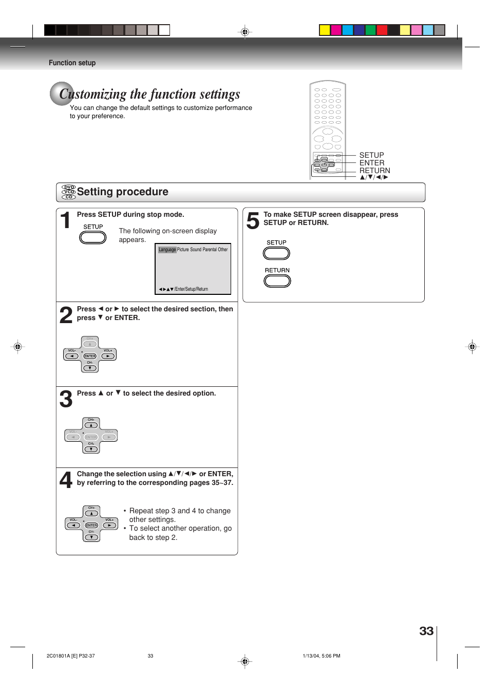 Customizing the function settings | Toshiba SD-3860SC User Manual | Page 33 / 44