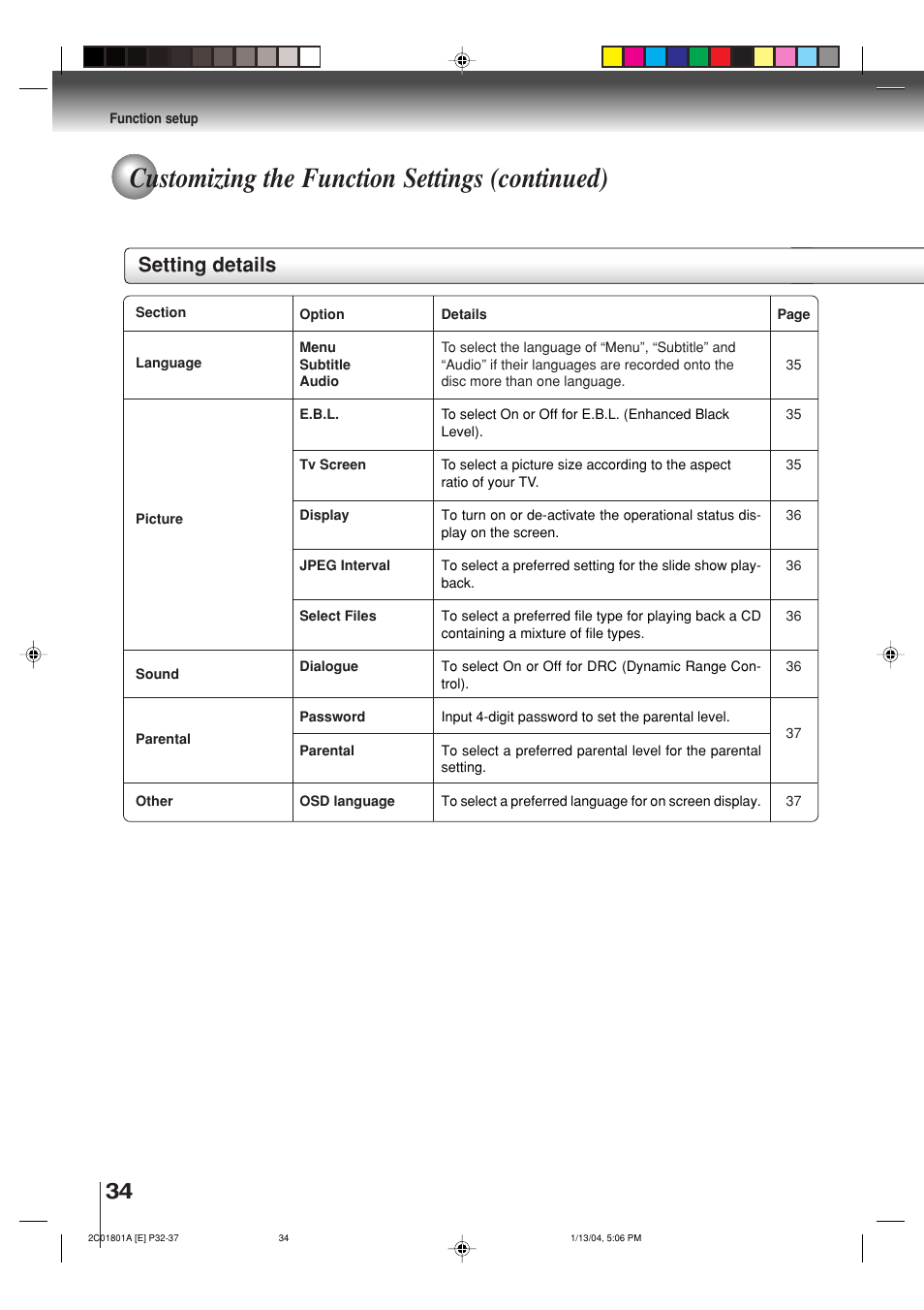 Customizing the function settings (continued), Setting details | Toshiba SD-3860SC User Manual | Page 34 / 44