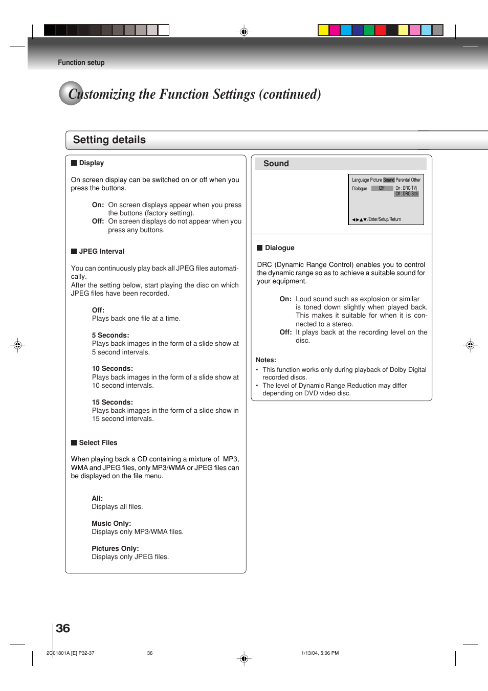 Customizing the function settings (continued), Setting details | Toshiba SD-3860SC User Manual | Page 36 / 44