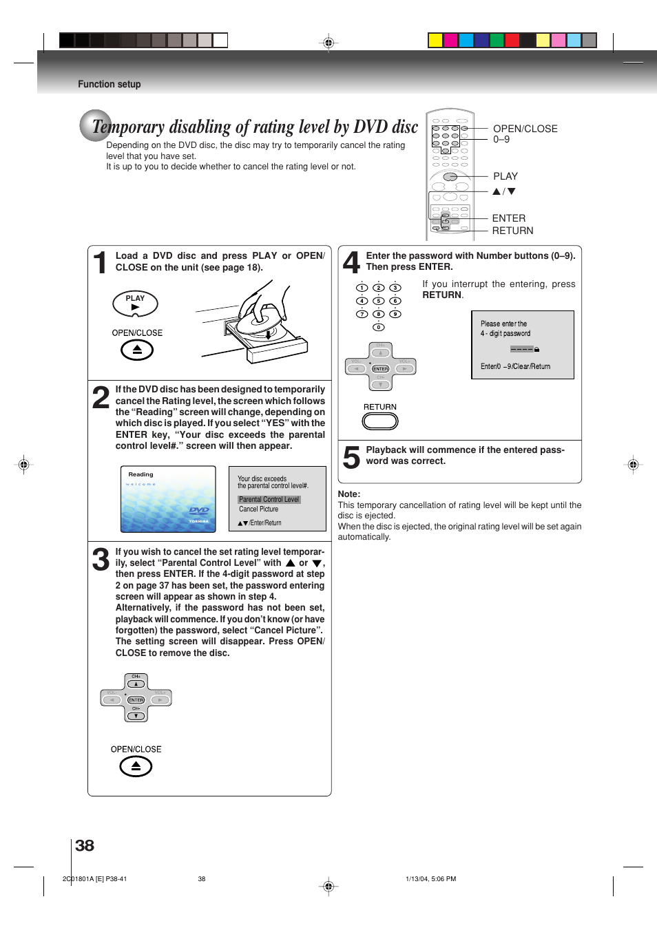 Temporary disabling of rating level by dvd disc | Toshiba SD-3860SC User Manual | Page 38 / 44