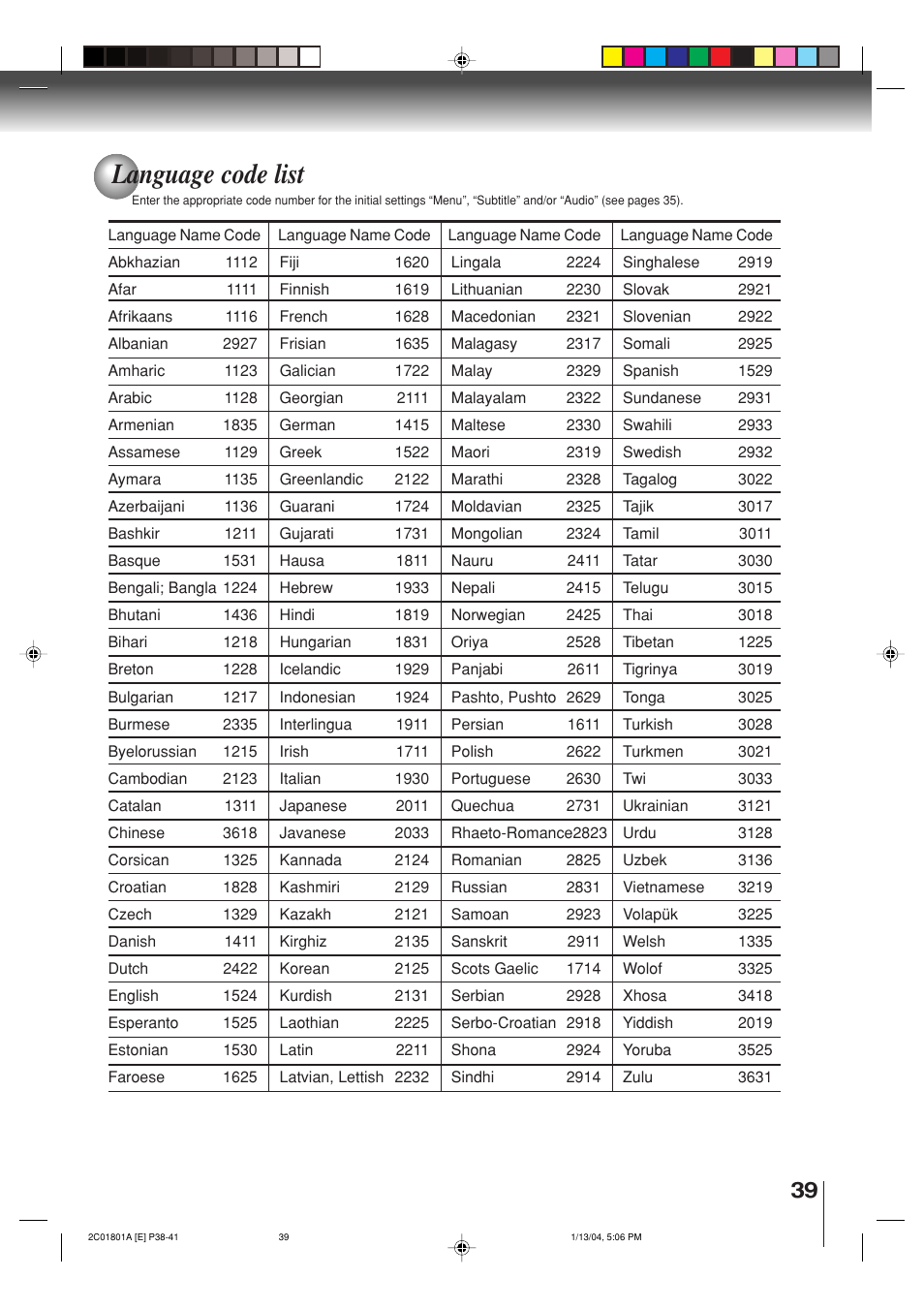 Language code list | Toshiba SD-3860SC User Manual | Page 39 / 44