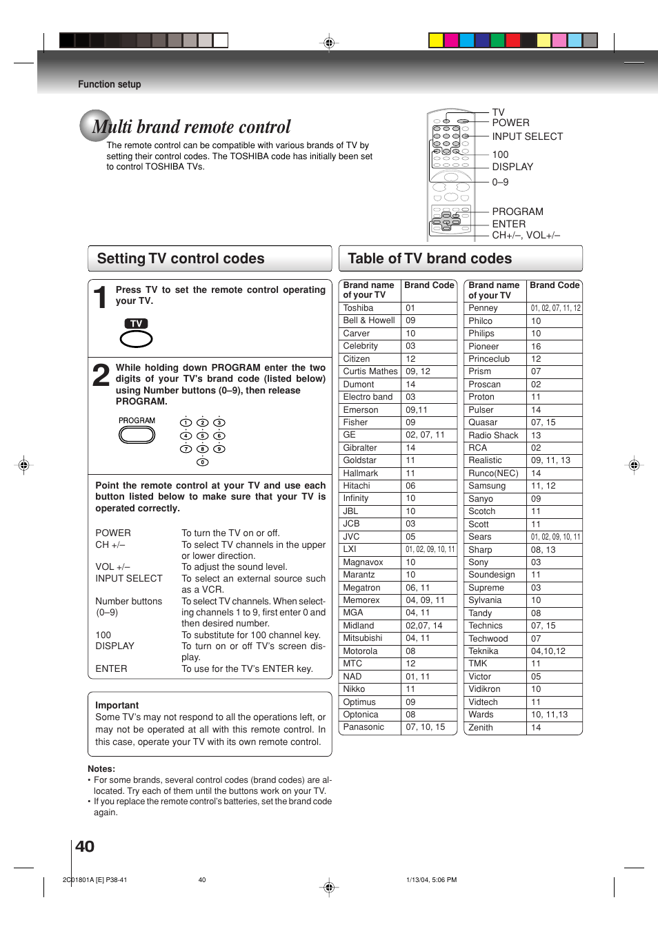 Multi brand remote control, Setting tv control codes, Table of tv brand codes | Toshiba SD-3860SC User Manual | Page 40 / 44