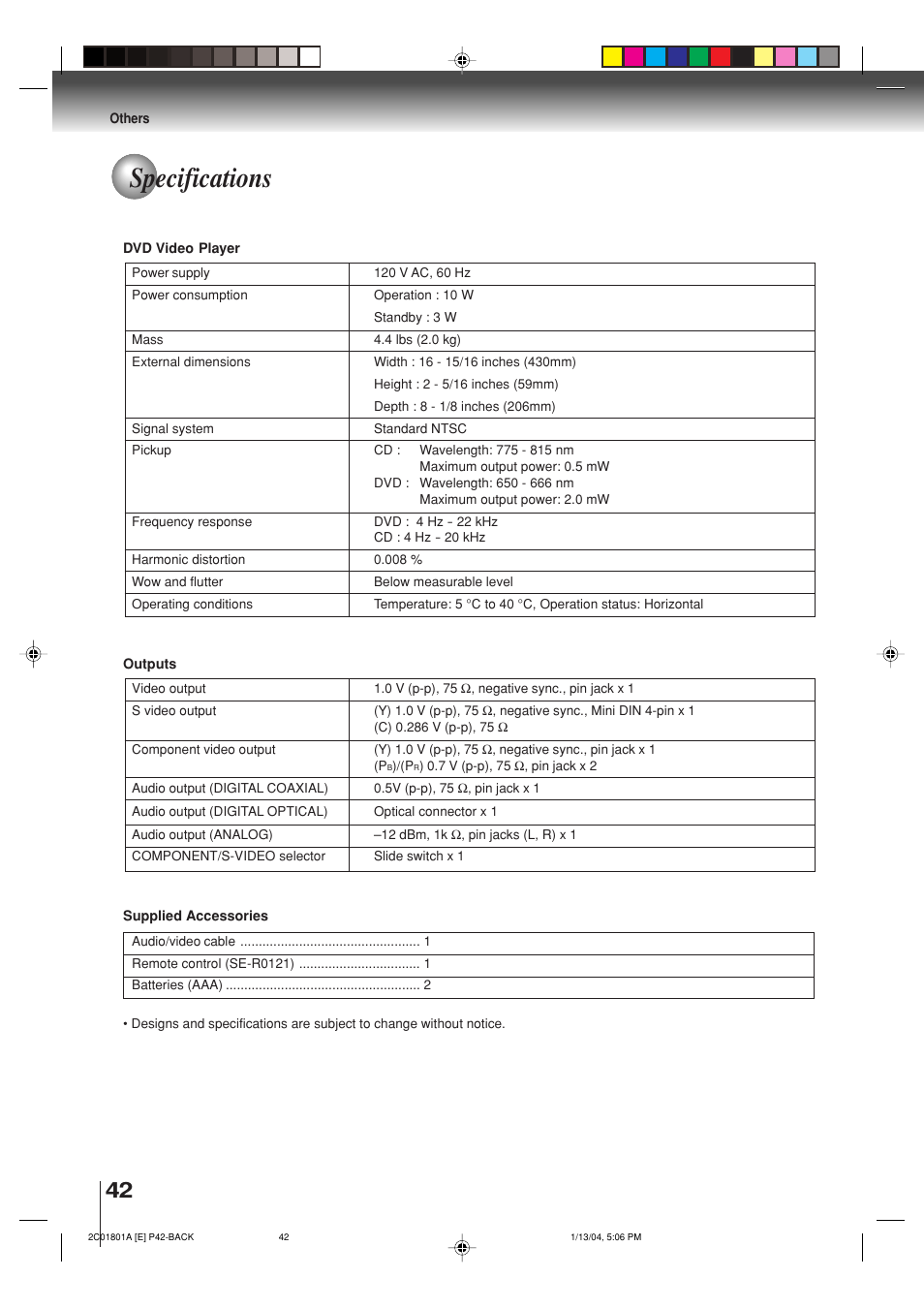 Specifications | Toshiba SD-3860SC User Manual | Page 42 / 44