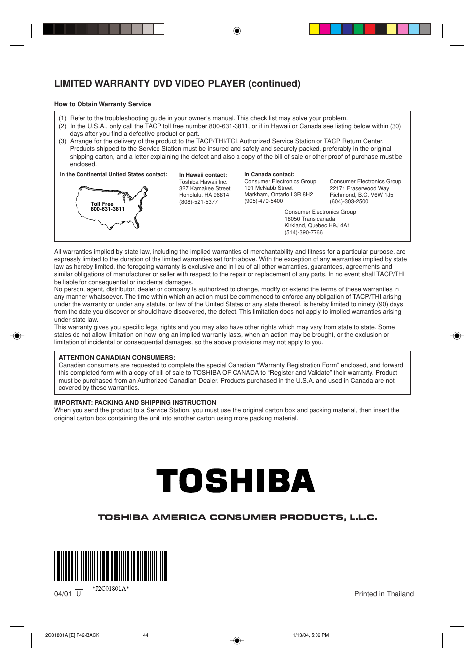 Limited warranty dvd video player (continued) | Toshiba SD-3860SC User Manual | Page 44 / 44