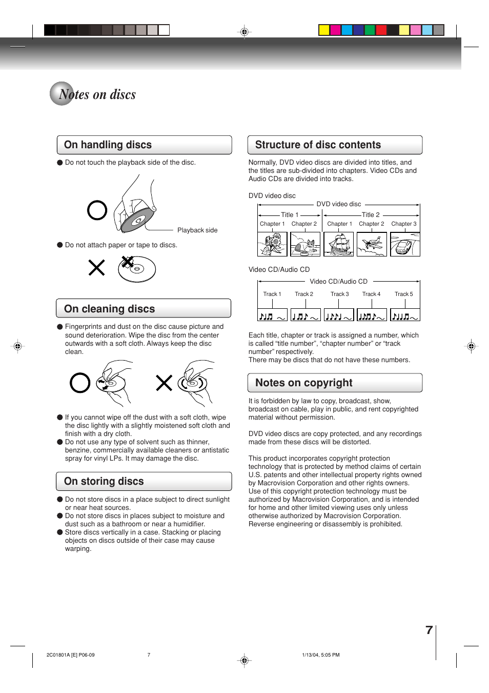 On handling discs, On cleaning discs, On storing discs | Structure of disc contents | Toshiba SD-3860SC User Manual | Page 7 / 44